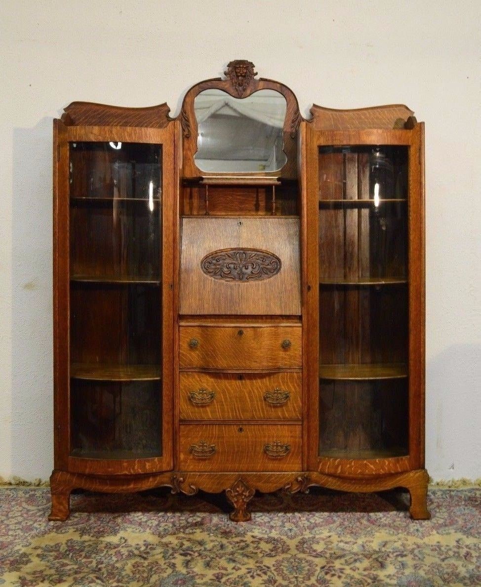 Antique Victorian Tiger Oak Side-by-Side Secretary Bookcase