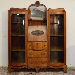 Antique Victorian Tiger Oak Side-by-Side Secretary Bookcase
