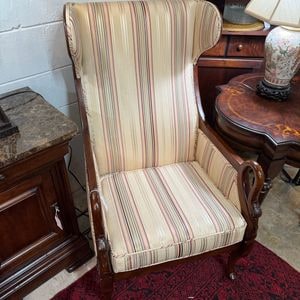 Chippendale Style Mahogany Wingback Armchair with Carved Arms and Striped Upholstery