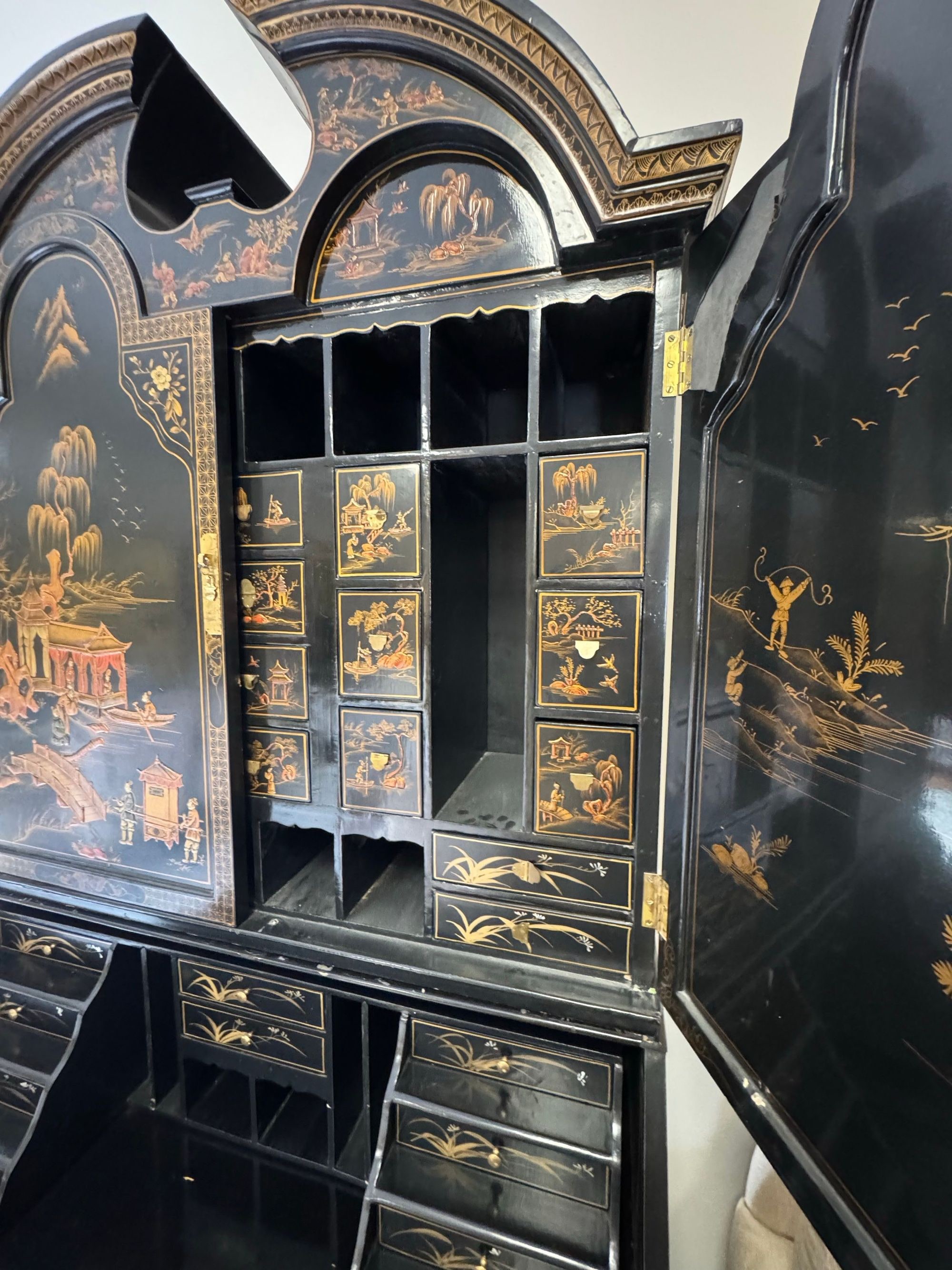 Black Lacquer Chinoiserie Secretary Desk with Gilt Decoration